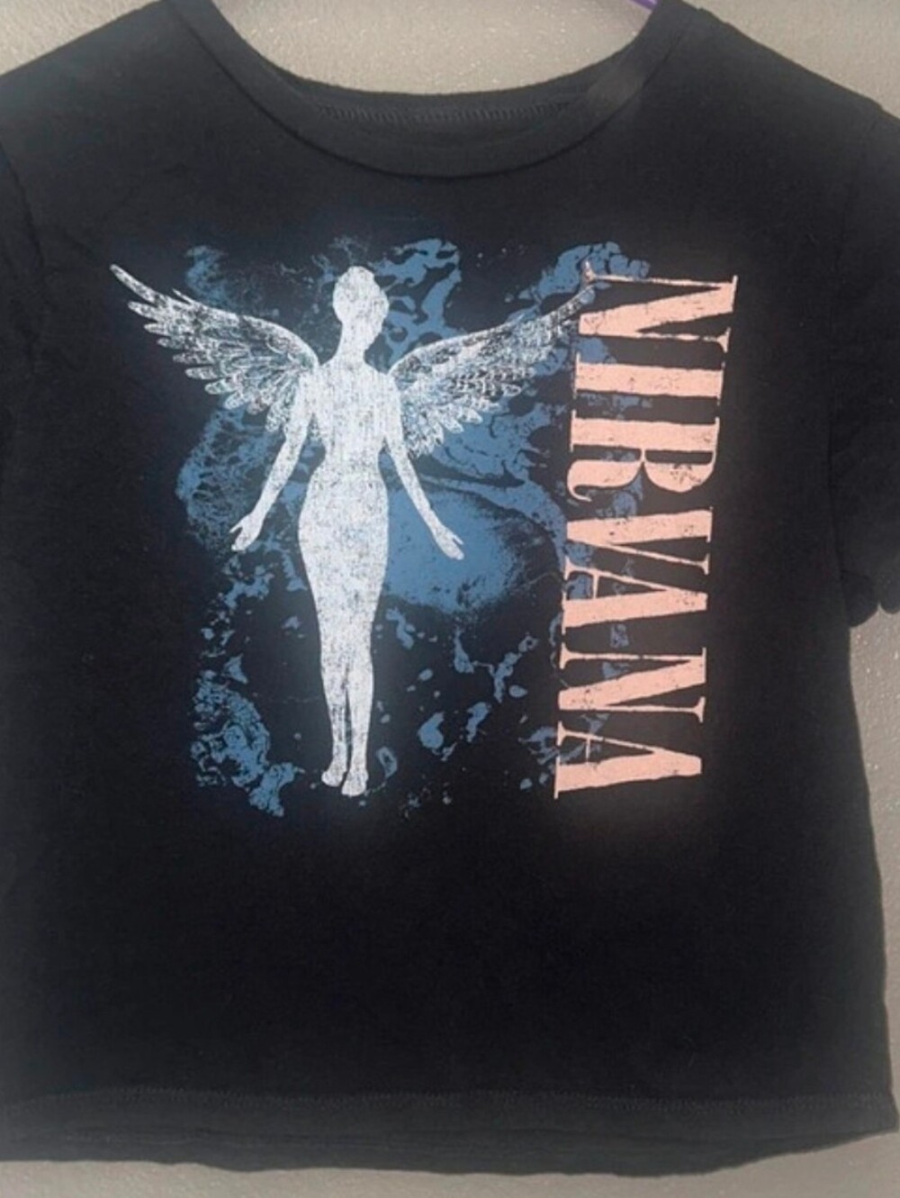 NIRVANA Black Tee with Angel Graphic and Pink Logo